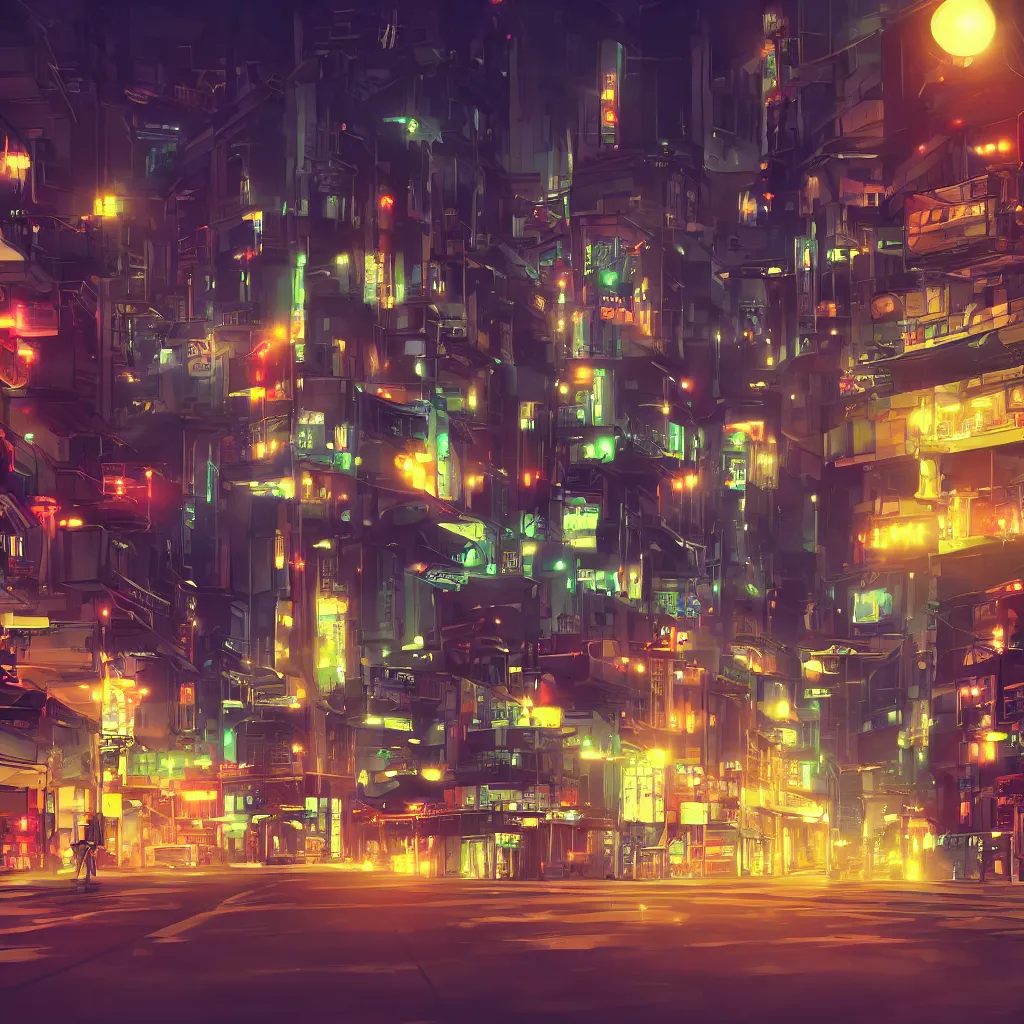 Image similar to futurisitc western street background at night, anime, painting, 4 k