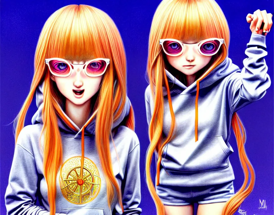 Image similar to richly detailed colored pencil 3D illustration of a beautiful polish girl with long metallic hair wearing a hoodie and short shorts, she is evil and happy. mirrored background with completely rendered reflections, art by Range Murata and Artgerm.