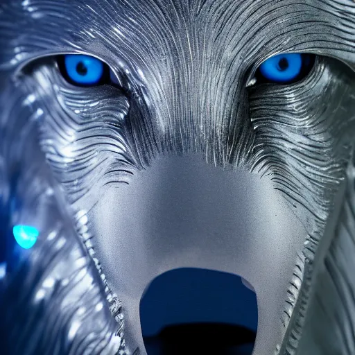 Image similar to portrait photography of a silver wolf sculpture with glowing blue eyes