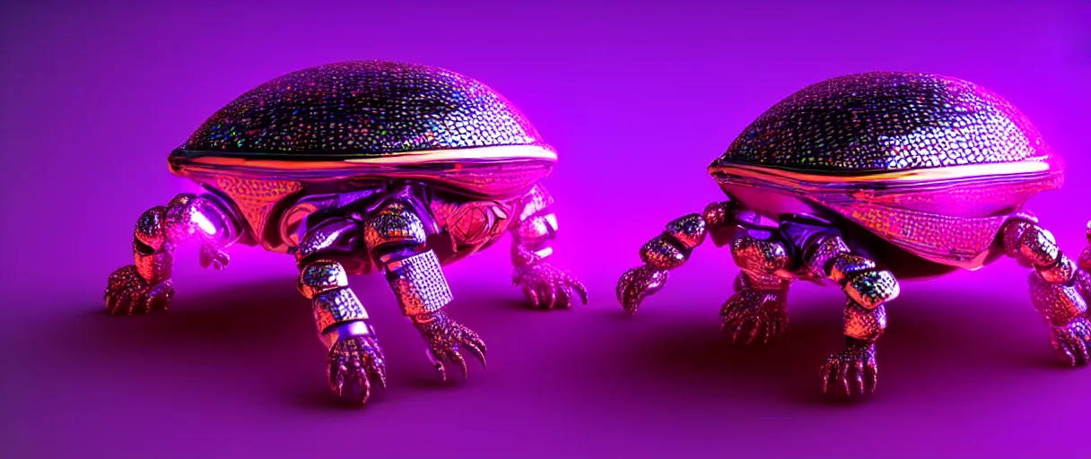Prompt: high quality 3d render glowing holographic cyborg scarab! jeweled gorgeous! dramatic purple neon lighting vray high quality low angle hd 8k sharp shallow depth of field
