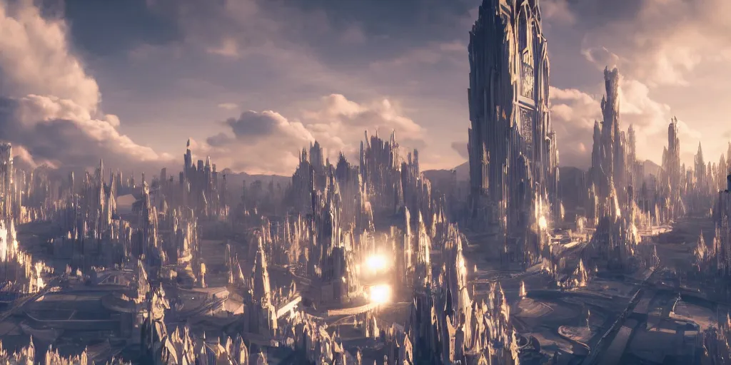 Prompt: majestic futuristic elf city made of white stone and gold, epic scale, dramatic buildings, dramatic clouds, cinematic sky, sunrise, 8 k, unreal engine 5
