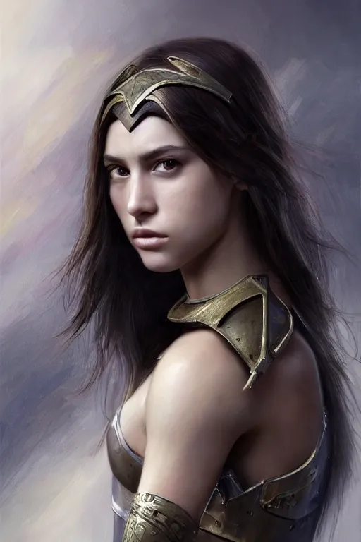 Image similar to a photorealistically painted portrait of an attractive young girl, partially clothed in battle armor, with an abstractly painted background, flawless olive skin, fair complexion, long dark hair, beautiful bone structure, perfectly symmetric facial features, perfect photorealistic eyes, natural physique, intricate, elegant, digital painting, concept art, finely detailed, beautifully illustrated, sharp focus, minimal artifacts, volumetric lighting, from Metal Gear, by Ruan Jia and Mandy Jurgens and Artgerm and William-Adolphe Bouguerea, in the style of Greg Rutkowski, trending on Artstation, award winning art