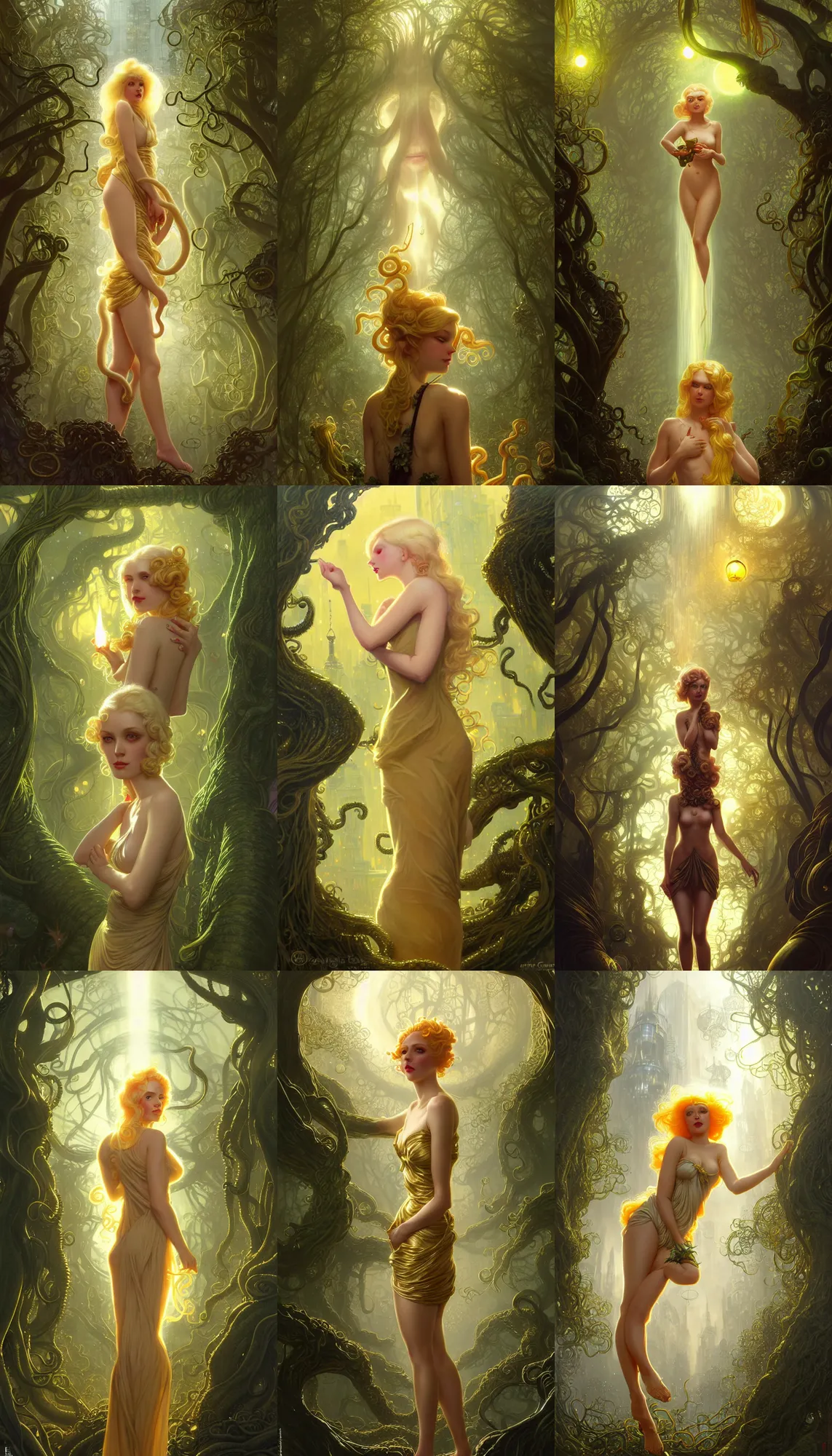 Prompt: small blonde in golden cocktail dress looking up, arkham horror city crowded market street overtaken by lush plants, evil fluid, insane, giant tentacles, lovecraft, full blody moon, light rays, gnarly trees by tom bagshaw, mucha, gaston bussiere, craig mullins, j. c. leyendecker 8 k