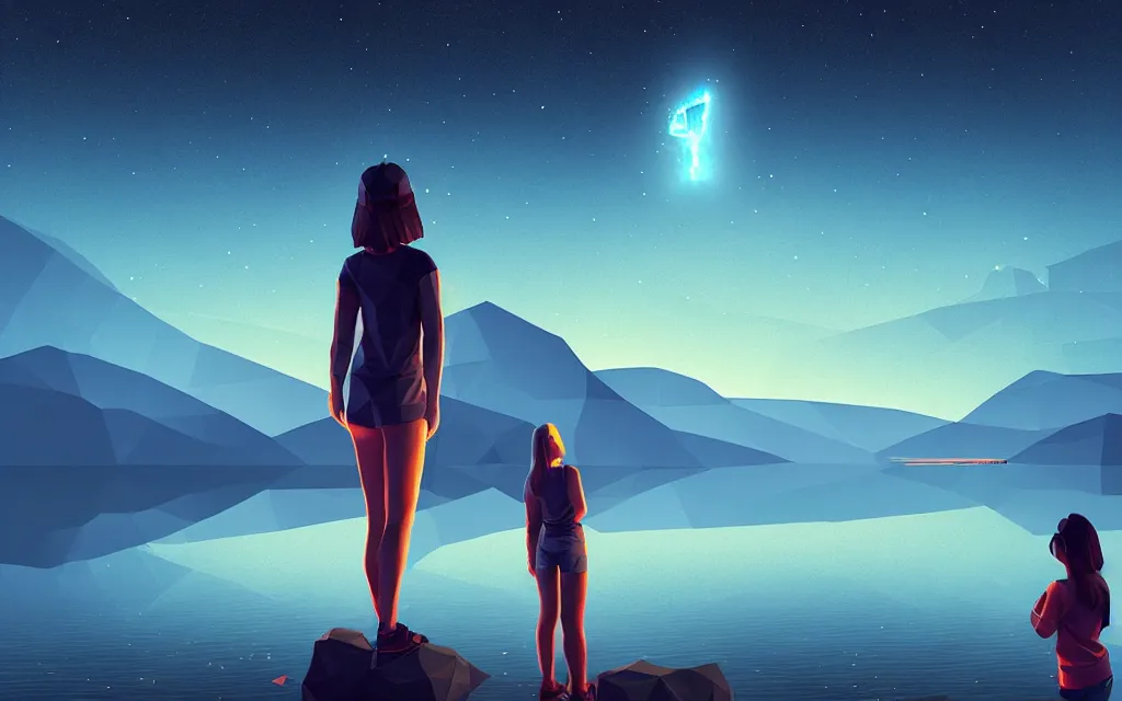 Image similar to girl staring at a meteorite hitting a calm lake at night by wlop, low poly art, ultra detailed color art, high detail, digital art