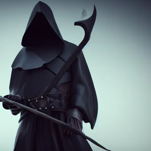 Prompt: an executioner wearing a dark hood, holding huge axe, cinematic composition, octane render, high detail