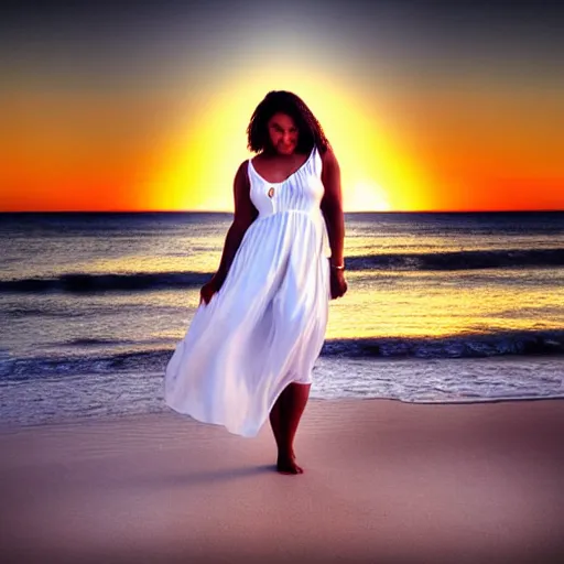 Image similar to a beautiful photograph of a woman in a white dress on the beach at sunset, by krysia lukkason