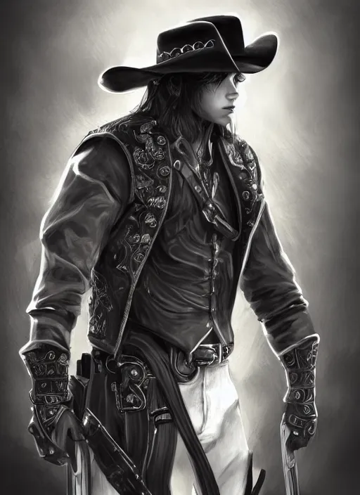 Prompt: a highly detailed illustration of bts v as cowboy wearing black cowboy hat, dramatic wielding gun pose, perfect face, intricate, elegant, highly detailed, centered, digital painting, artstation, concept art, smooth, sharp focus, league of legends concept art, wlop