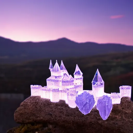 Image similar to A castle made out of crystal at dusk, prismatic.