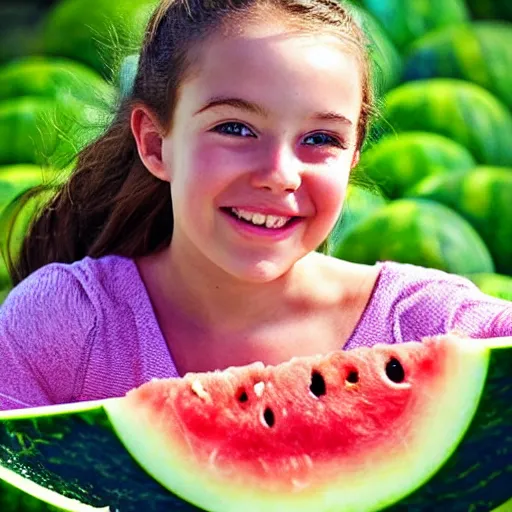 Prompt: Cute girl on the giant watermelon. She has cute face. She is smiling. Her eyes are big and blue. Watermelon is swimming in the blue ocean, digital art