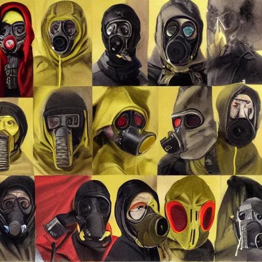 Image similar to detailed details concept art saints gang photo group, theyre using gas mask, other using saints mask, theyre wear yellow and red hoodie, theyre leader regularly uses red in the style of bob peak and alex ross, gouache and wash paints color, detailed details facial and body and human and environments and proportionate, detailed 5 k details.