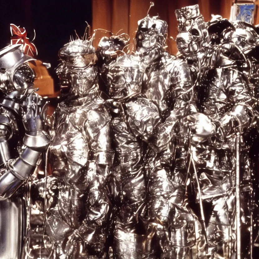 Image similar to a still from the movie the wiz the movie, futuristic cyborg tin man, happy singing & dancing, 4 k, highly detailed, award winning, look at all that detail!