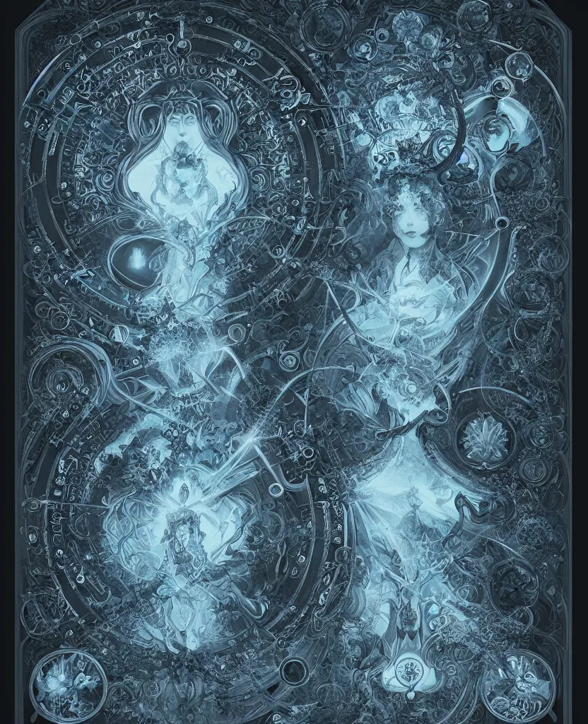 Prompt: illustration of mystical geometrical alchemical black gate covered in blue sacred symbols, deep focus, intricate, elegant, highly detailed, foggy, misterious, digital painting, artstation, concept art, matte, sharp focus, art by artgerm and ernst haeckel and alphonse mucha