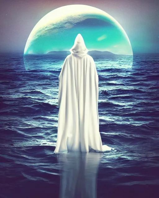 Image similar to a person wearing a white cloak standing in the water. a large planet is overhead. an album cover by stanley twardowicz, trending on cg society, retrofuturism, retrowave, chillwave, synthwave