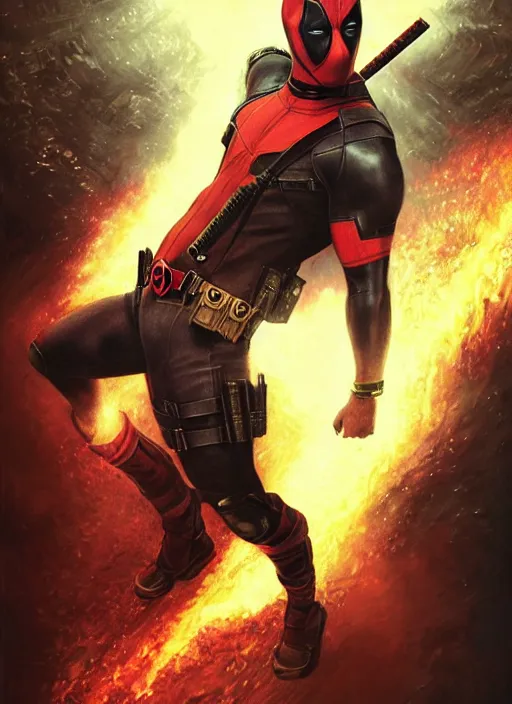 Prompt: Ryan Gosling as deadpool, handsome face, unmasked, no mask, dramatic action pose, gorgeous, portrait, Symmetrical, powerful, intricate, beautiful, masterpiece, elegant, volumetric lighting, highly detailed, artstation, sharp focus, no cropping, illustration, explosions in the background, Jean-Leon Gerome , ruan jia