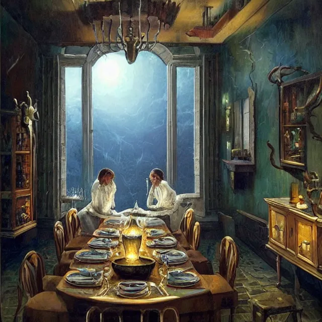 Prompt: a serene and tranquil dining room, haunted house, masterpiece, unease, grasping pseudopods, rhads!!!, magical realism, urban fantasy, ( h. r. giger )