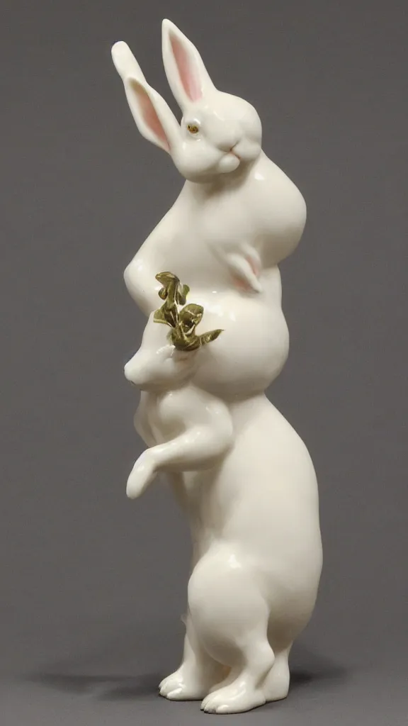 Prompt: porcelain rabbit statue with having a japanese kiseru in hand painted by john singer sargent