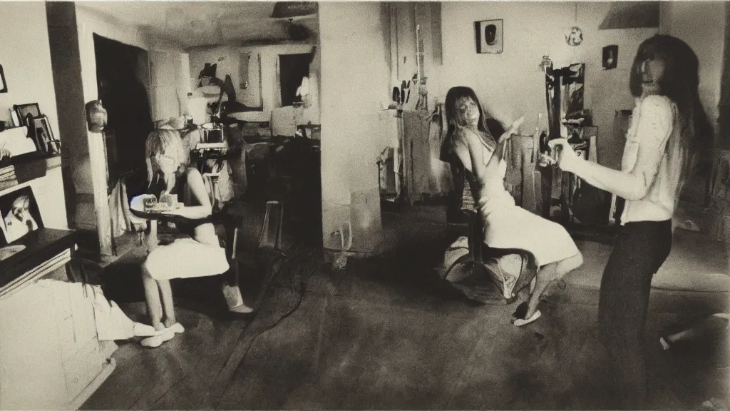 Image similar to polaroid of a gender role reversal candid shots by Tarkovsky