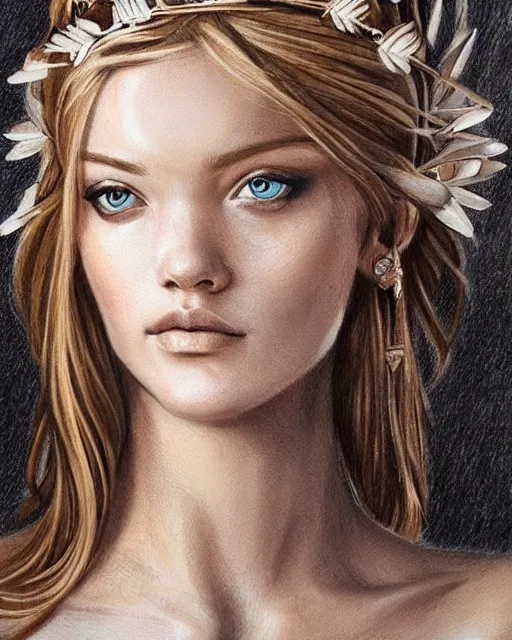 Prompt: realism tattoo sketch of lindsay ellingson as a beautiful greek goddess aphrodite with piercing eyes wearing a laurel wreath and triangle earrings, in the style of greg rutkowski, amazing detail