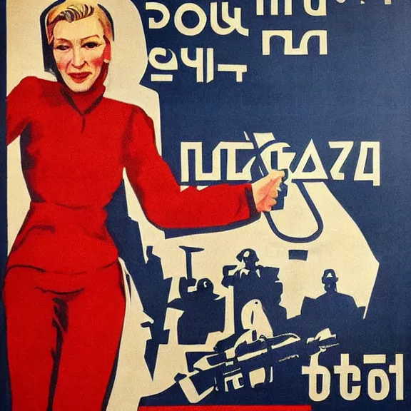 Image similar to soviet propaganda poster with cate blanchett calling on the world community to fight against Nazism, Ultra Detailed, high resolution, soviet realism