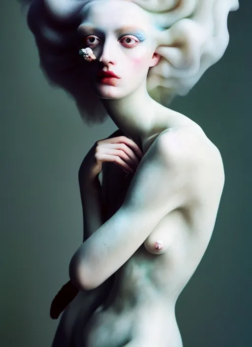 Prompt: cinestill 5 0 d photo portrait of a beautiful hybrid woman in style of tim walker by roberto ferri, weird marble body intricate detailed, hair is intricate style, 5 0 mm lens, f 1. 4, sharp focus, ethereal, emotionally evoking, head in focus, bokeh volumetric lighting, tonal colors outdoor