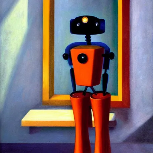 Prompt: judgemental robot butler, dystopian, pj crook, edward hopper, oil on canvas