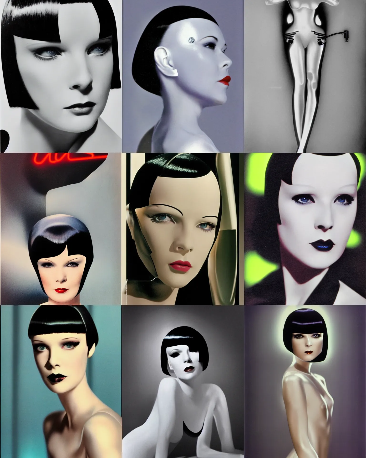 Prompt: mary louise brooks is half robot, chrome skin, 1 9 8 0 s airbrush, clean lines, futuristic, blade runner, highly reflective neon