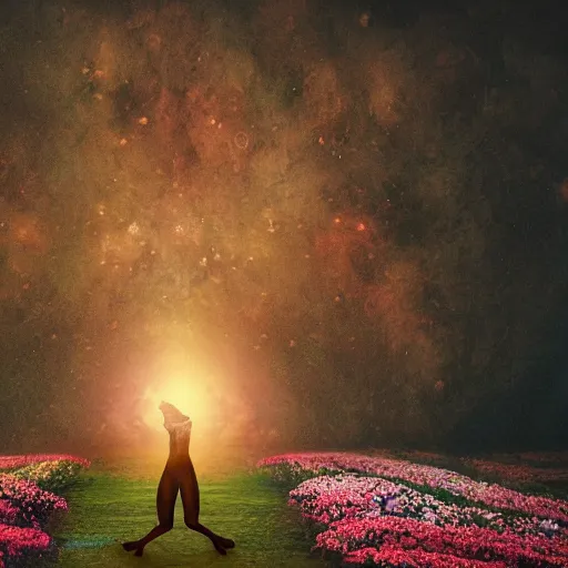 Image similar to A picture of a planet of various flowers, fungus and plants, in which the human figure is dressed in something magical and impressive, inside the picture is infinity, sunset light, Atmospheric phenomenon, artistic photography, muted colors, conceptual