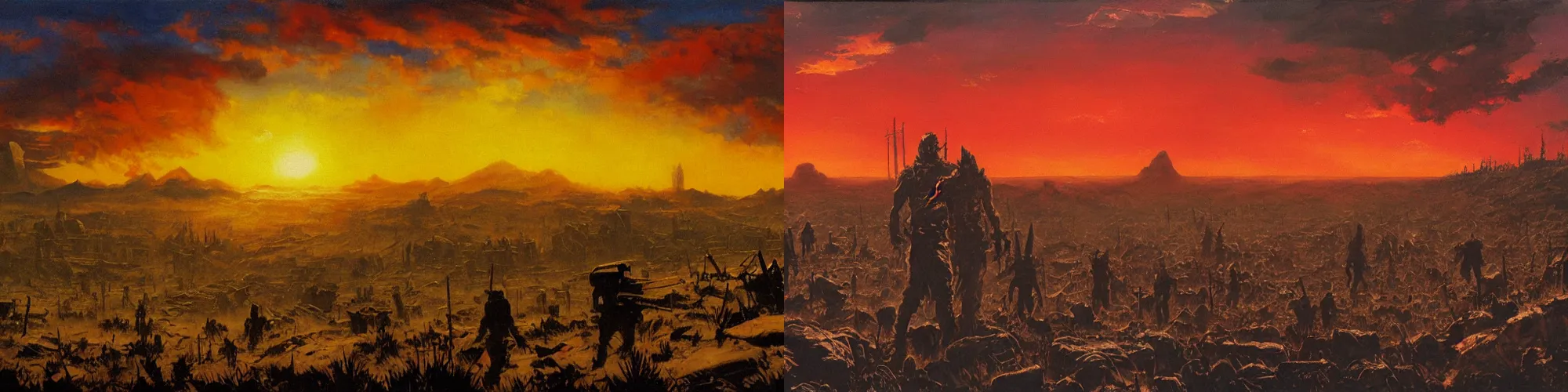 Prompt: very textured post apocalyptic big sun panoramic cinemascope random background , sunset, dramatic sky , oil painting art by frazetta