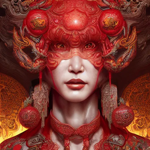 Image similar to The red alien lady, intricated traditional Chinese textures, rococo decorations, hyper detail, Unreal engine,Octane render, by Karol Bak