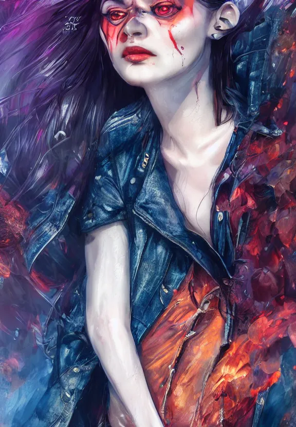 Prompt: full body illustration of a beautiful girl with eyes that burn like cigarettes wearing a short skirt and a long jacket with fingernails that shine like justice, dramatic lighting, photorealistic, full body portrait, detailed anatomy, extreme detail, 4 k, colorful, artgerm and ben lo, octane render, detailed face, f / 2. 8