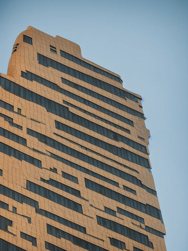 Prompt: office building exterior shaped like an art deco toaster, at sunrise, high detail, studio, smoke, sharp, studio, 85mm sigma art lens