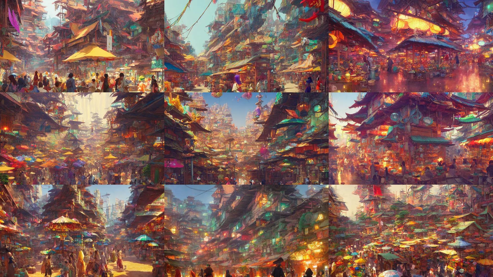 Prompt: colorful marketplace in a great colorful kitsune city, bamboo, anime, a fantasy digital painting by Greg Rutkowski, by James Gurney,trending on artstation,highly detailed