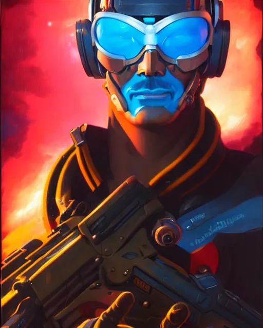 Image similar to soldier 7 6 from overwatch, colorful, fantasy, fantasy art, character portrait, portrait, close up, highly detailed, intricate detail, amazing detail, sharp focus, vintage fantasy art, vintage sci - fi art, radiant light, caustics, by boris vallejo