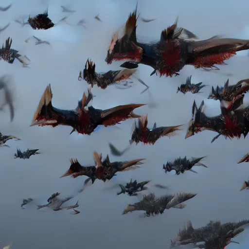 Image similar to thousand dragons flying in formation. they're black red and have a yellow accent color. ready for battle. cinematic, unreal engine 5, live-action,