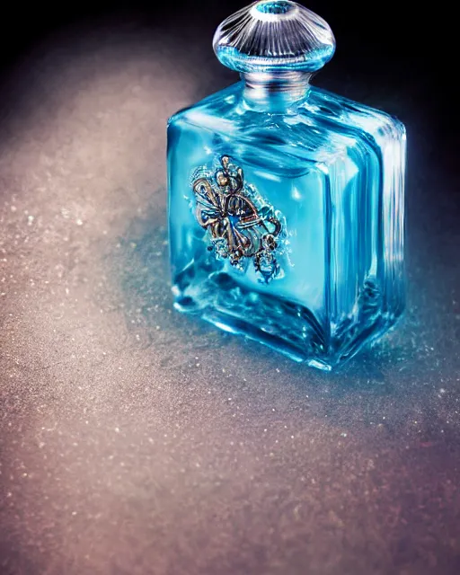 Image similar to natural light, soft focus extreme close up of a perfume bottle on a lilpad in the water, blue bioluminescent plastics, smooth shiny metal, elaborate ornate head piece, piercings, skin textures, by annie leibovitz, paul lehr