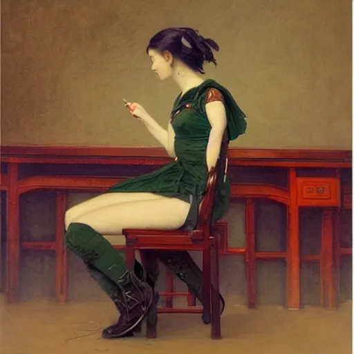 Image similar to painting by frederic edwin church, balaskas christoper, conrad roset, coby whitmore, and chie yoshii. of a beautiful japanese girl sitting on antique chair leaning against a desk, sideview, victorian room