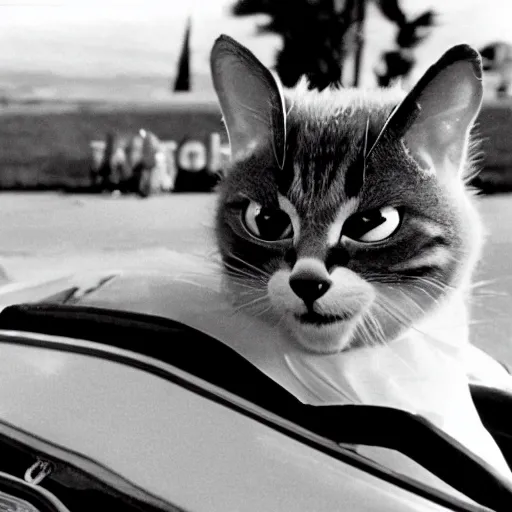 Prompt: close - up sports shot of cat in'herbie the love bug'film ( 1 9 6 8 ). imax, 7 0 mm, movie still