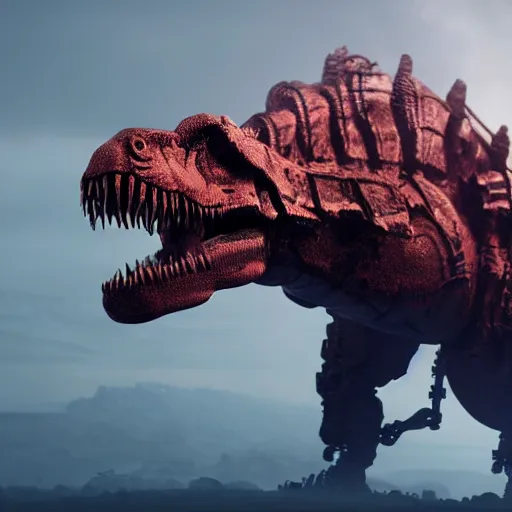 Prompt: giant cyborg t-rex with red eyes, photorealistic, detailed, realism, studio lighting, mist, dramatic, octane render, award winning render, unreal engine, octane render