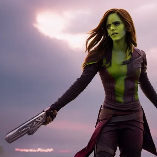 Prompt: Film still of Emma Watson as Gamora, from Guardians of the Galaxy Vol. 2 (2017)