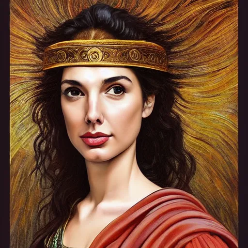 Prompt: Full body oil painting of the beautiful woman Gal Gadot, she is wearing a peplos and a surreal ornate, her hair is natural disheveled, she is approaching heaven over the clouds, naturalism, dramatic lighting, high-detailed oil painting by Ilya Repin, Michelangelo da Caravaggio, William Blake, Alex Grey and Beksinski, trending on Artsation, hystorical painting, naturalism, masterpiece, 4k, 8k,