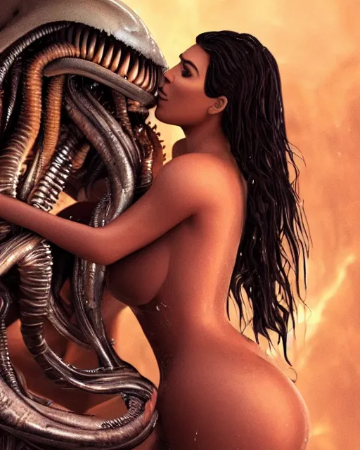 Prompt: film still of kim kardashian being kissed by an xenomorph slathered in a transparent alien liquid, wet flowing hair, gooey skin, illustration, unreal engine 5, 8 k, directed by h. r. giger.
