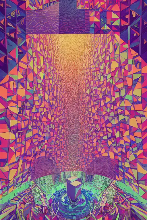 Image similar to a drawing of a room with a staircase, psychedelic art, op art, isometric, voxel art, poster art by victo ngai, ori toor, kilian eng, behance contest winner, crystal cubism, poster art, cubism, tarot card, psychedelic art, concert poster, poster art, maximalist