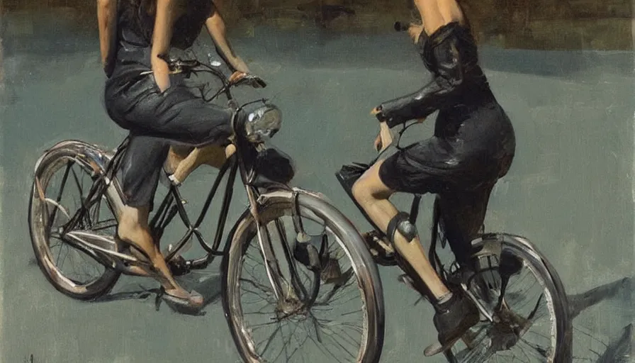 Prompt: painting by borremans, bella hadid riding a bike, detailed, stunning