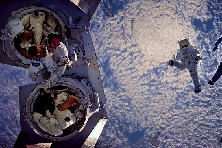 Image similar to closeup portrait of astronauts langing on an inverted planet in deserted inverted new york, among us, natural light, sharp, detailed face, magazine, press, photo, Steve McCurry, David Lazar, Canon, Nikon, focus