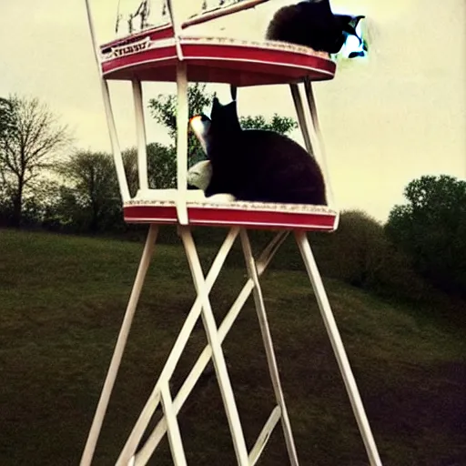 Image similar to !!! cat!!!, ( ferris wheel ), feline, sitting, riding, award winning photo, ragdoll cat,
