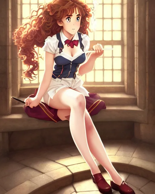 Prompt: pinup anime art of hermione granger by emma watson in the hogwarts library, hermione by a - 1 pictures, by greg rutkowski, gil elvgren, enoch bolles, glossy skin, pearlescent, anime, very coherent, flat, ecchi anime style