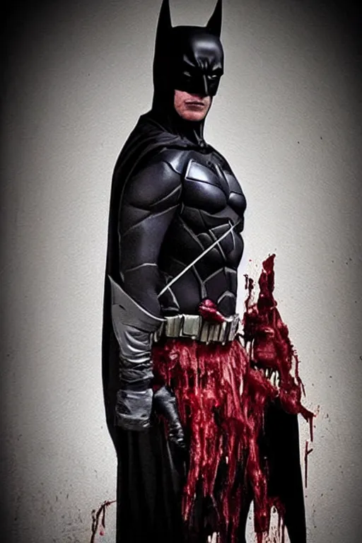 Prompt: batman cosplay, creepy, disturbing, bloody, darkness, grainy