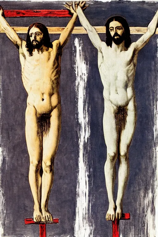 Image similar to jesus christ crucified painted by cy twombly and andy warhol