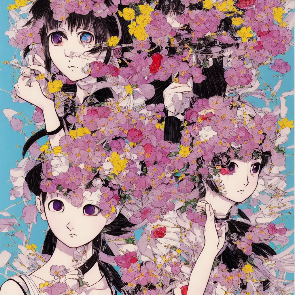 Image similar to prompt: Fragile portrait of one persona covered with random flowers illustrated by Katsuhiro Otomo, inspired by sailor moon and 1990 anime, smaller cable and cryborg parts as attributes, eyepatches, illustrative style, intricate oil painting detail, manga 1980