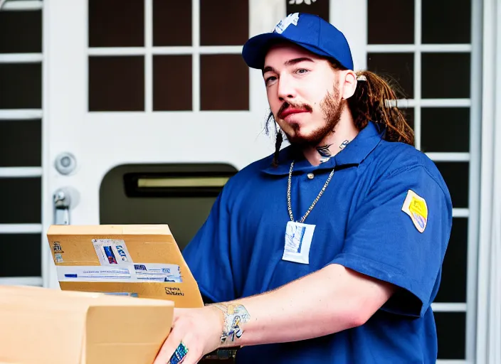 Image similar to dslr photo still of post malone as a postal worker mailman putting letters in mailbox and delivering packages to door, 8 k, 8 5 mm f 1 6